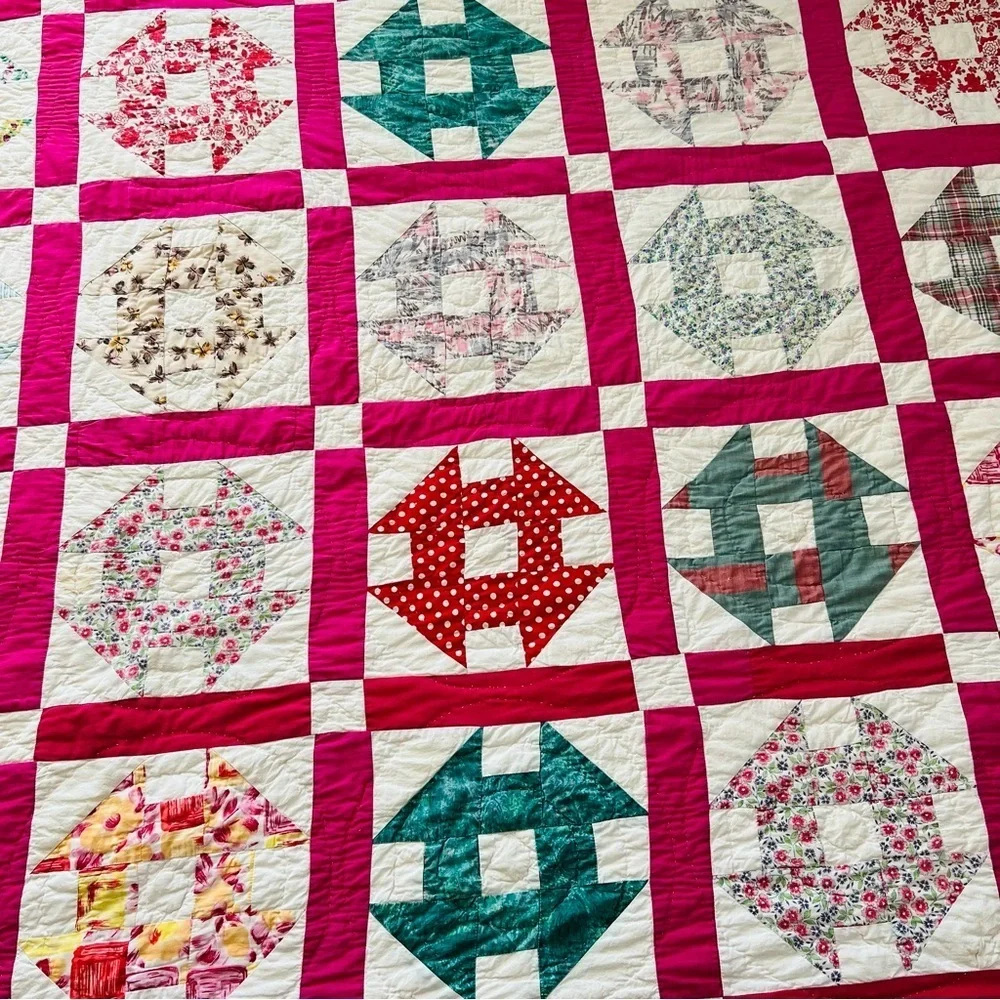 68”x86” Vintage from 1960’s Cotton Handmade and Hand Stitched Quilt.